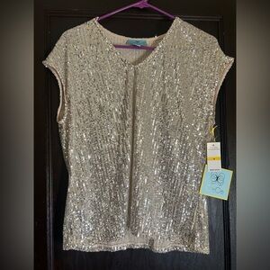 CeCe by Vince Camuto Champagne Silver Sequin Blouse NWT Size M